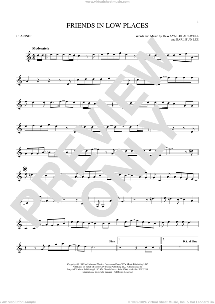 Friends In Low Places sheet music for clarinet solo by Garth Brooks, DeWayne Blackwell and Earl Bud Lee, intermediate skill level