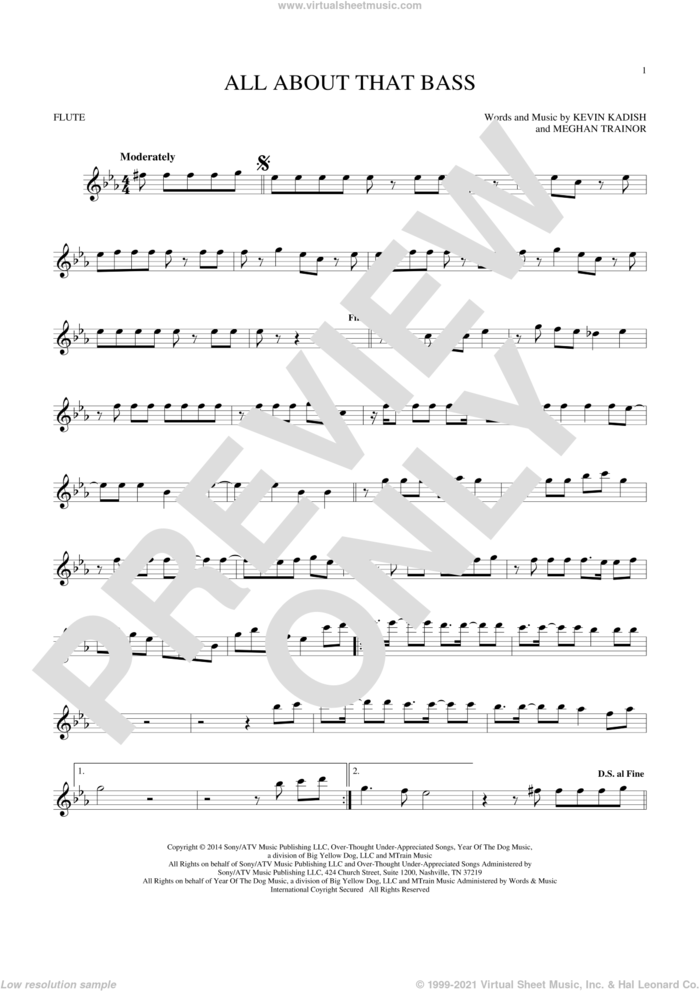 All About That Bass sheet music for flute solo by Meghan Trainor and Kevin Kadish, intermediate skill level