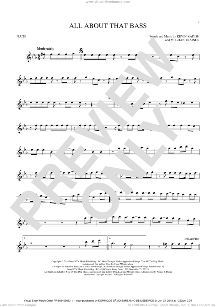 All About That Bass sheet music for flute solo by Meghan Trainor and Kevin Kadish, intermediate skill level