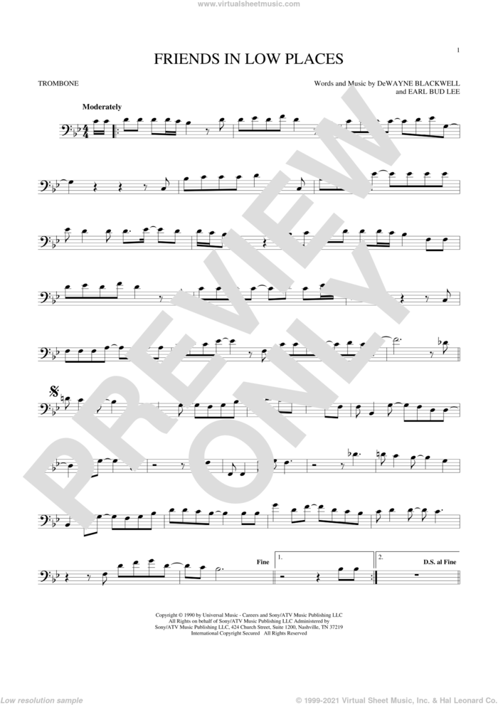 Friends In Low Places sheet music for trombone solo by Garth Brooks, DeWayne Blackwell and Earl Bud Lee, intermediate skill level