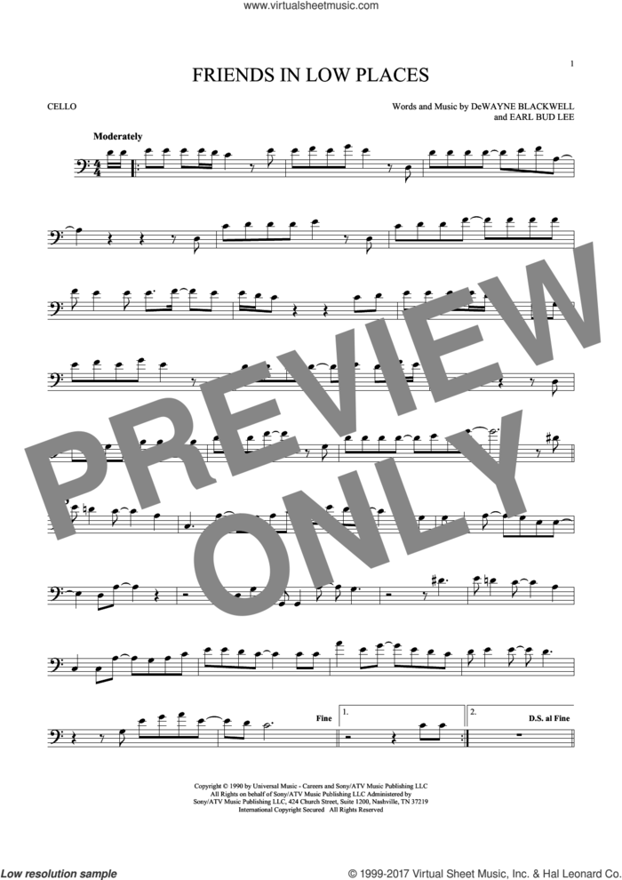 Friends In Low Places sheet music for cello solo by Garth Brooks, DeWayne Blackwell and Earl Bud Lee, intermediate skill level