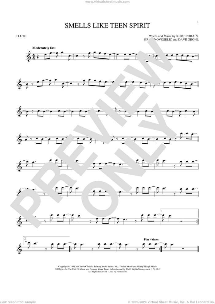 Smells Like Teen Spirit sheet music for flute solo by Nirvana, Dave Grohl, Krist Novoselic and Kurt Cobain, intermediate skill level