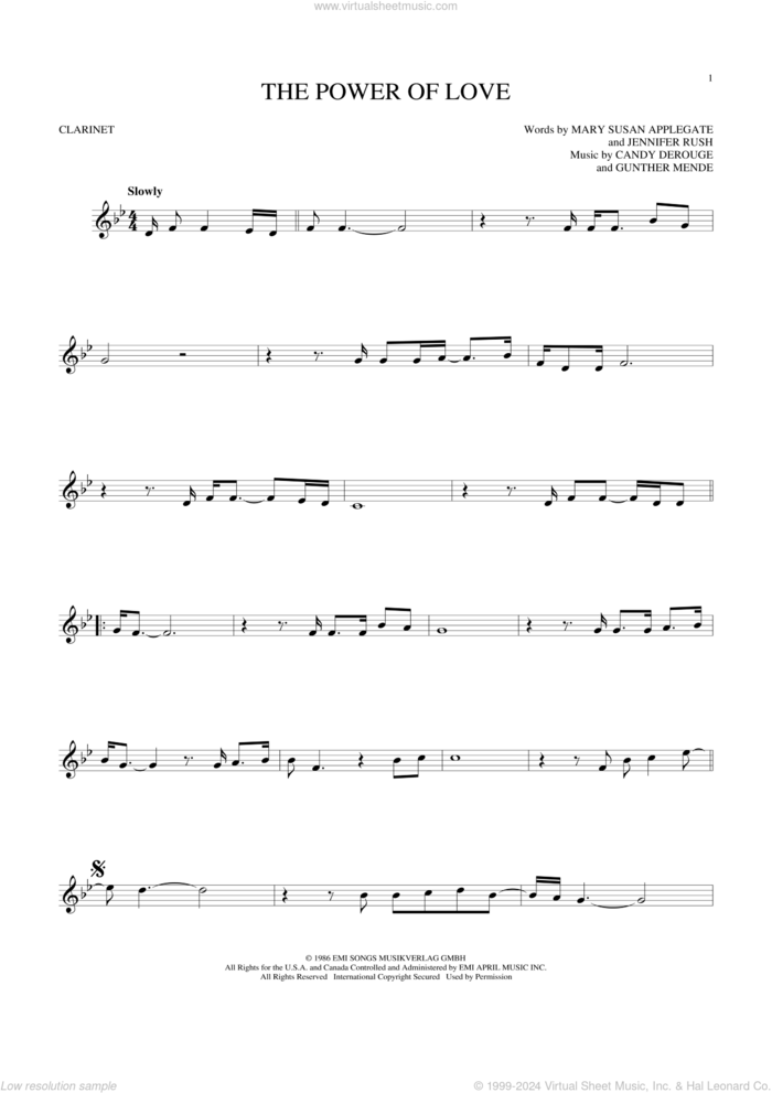 The Power Of Love sheet music for clarinet solo by Air Supply, Celine Dion, Laura Brannigan, Candy Derouge, Gunther Mende, Jennifer Rush and Mary Susan Applegate, intermediate skill level