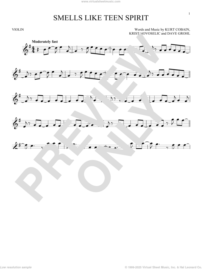 Smells Like Teen Spirit sheet music for violin solo by Nirvana, Dave Grohl, Krist Novoselic and Kurt Cobain, intermediate skill level