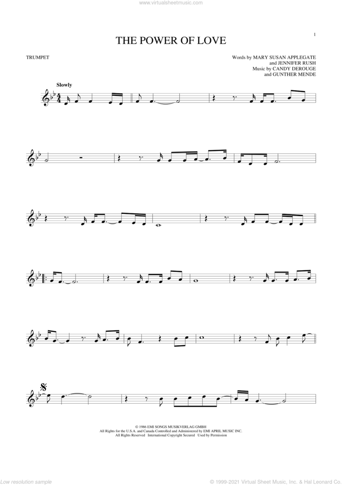 The Power Of Love sheet music for trumpet solo by Air Supply, Celine Dion, Laura Brannigan, Candy Derouge, Gunther Mende, Jennifer Rush and Mary Susan Applegate, intermediate skill level