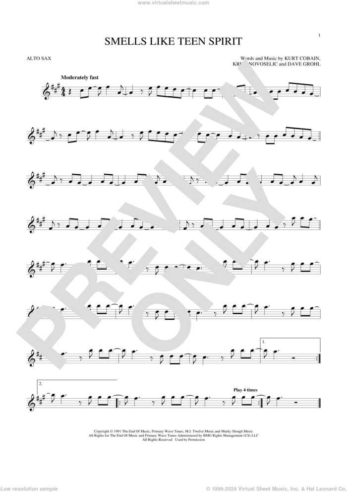 Smells Like Teen Spirit sheet music for alto saxophone solo by Nirvana, Dave Grohl, Krist Novoselic and Kurt Cobain, intermediate skill level