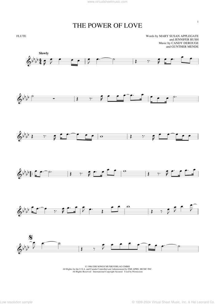 The Power Of Love sheet music for flute solo by Air Supply, Celine Dion, Laura Brannigan, Candy Derouge, Gunther Mende, Jennifer Rush and Mary Susan Applegate, intermediate skill level