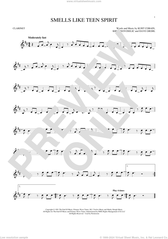 Smells Like Teen Spirit sheet music for clarinet solo by Nirvana, Dave Grohl, Krist Novoselic and Kurt Cobain, intermediate skill level