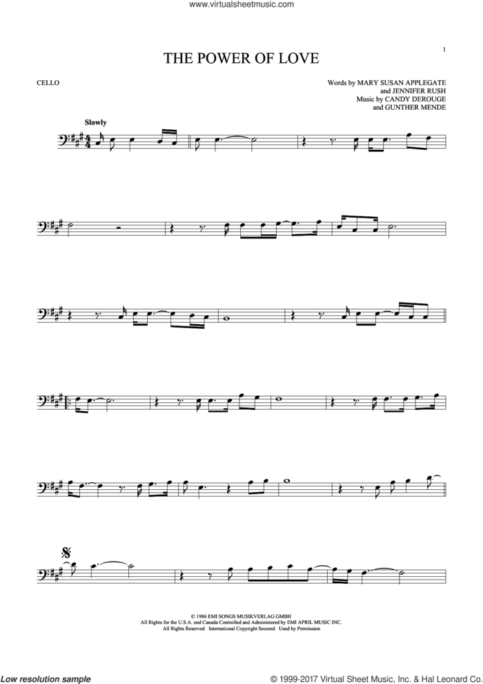 The Power Of Love sheet music for cello solo by Air Supply, Candy Derouge, Gunther Mende, Jennifer Rush and Mary Susan Applegate, intermediate skill level