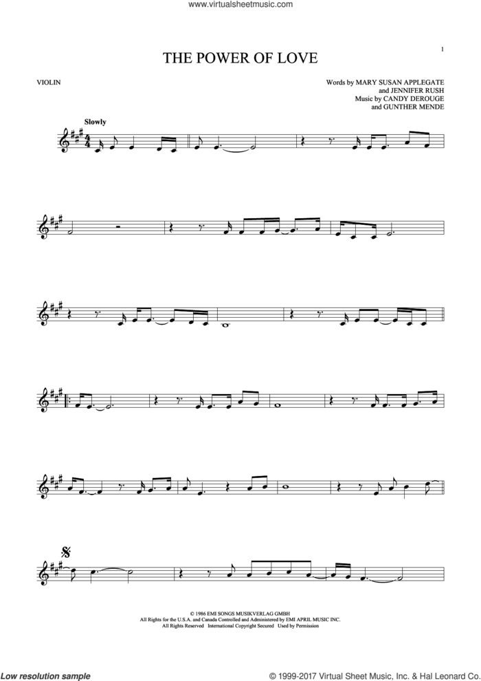 The Power Of Love sheet music for violin solo by Air Supply, Celine Dion, Laura Brannigan, Candy Derouge, Gunther Mende, Jennifer Rush and Mary Susan Applegate, intermediate skill level