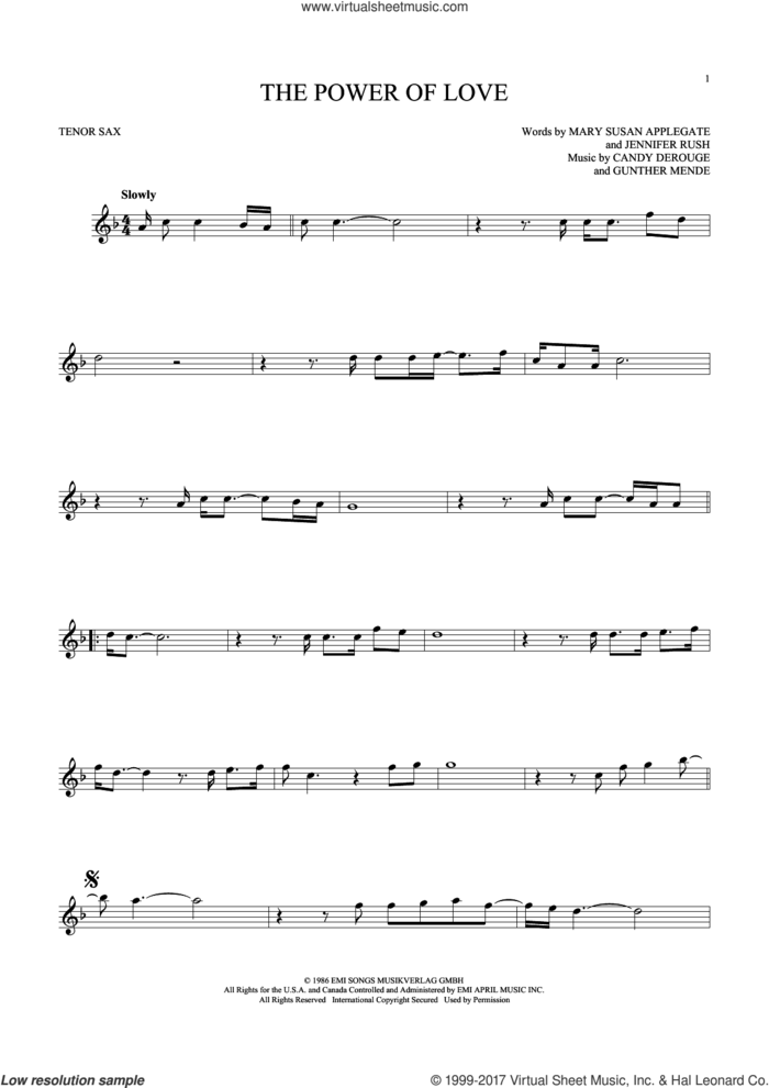 The Power Of Love sheet music for tenor saxophone solo by Air Supply, Celine Dion, Laura Brannigan, Candy Derouge, Gunther Mende, Jennifer Rush and Mary Susan Applegate, intermediate skill level