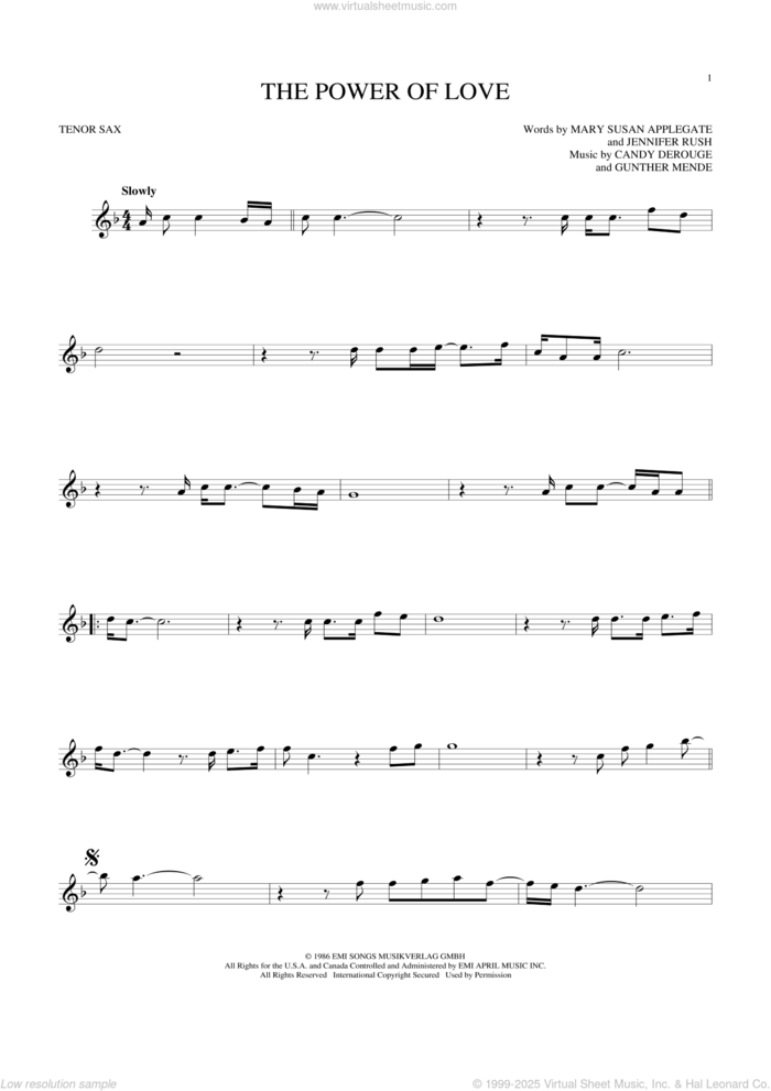 The Power Of Love sheet music for tenor saxophone solo by Air Supply, Celine Dion, Laura Brannigan, Candy Derouge, Gunther Mende, Jennifer Rush and Mary Susan Applegate, intermediate skill level