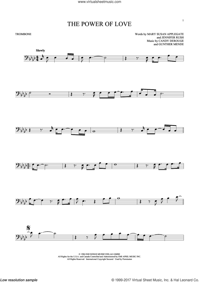 The Power Of Love sheet music for trombone solo by Air Supply, Celine Dion, Laura Brannigan, Candy Derouge, Gunther Mende, Jennifer Rush and Mary Susan Applegate, intermediate skill level