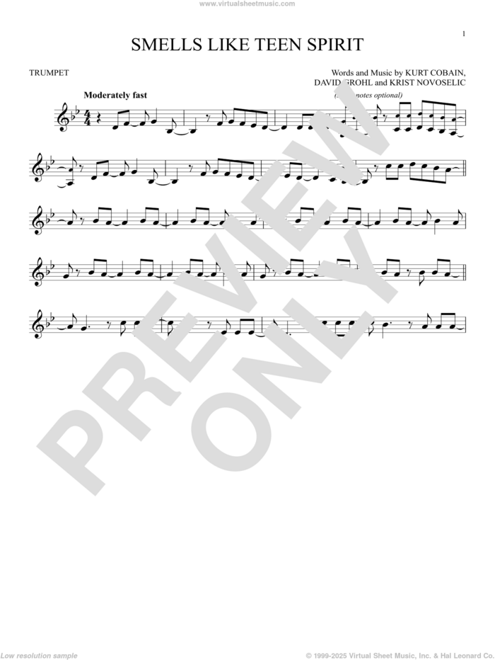 Smells Like Teen Spirit sheet music for trumpet solo by Nirvana, Dave Grohl, Krist Novoselic and Kurt Cobain, intermediate skill level