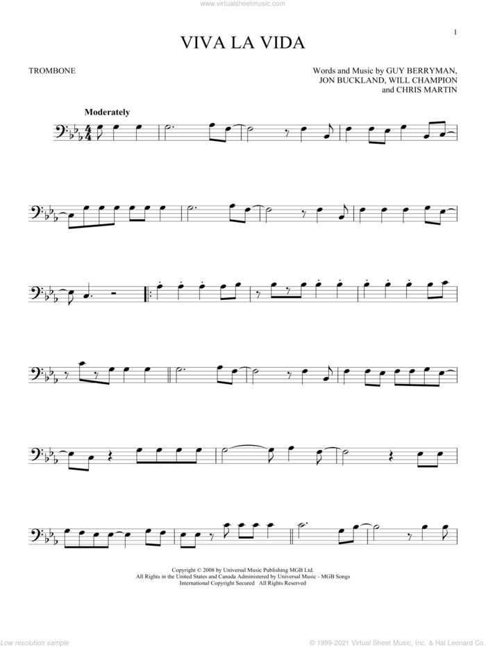 Viva La Vida sheet music for trombone solo by Coldplay, Chris Martin, Guy Berryman, Jon Buckland and Will Champion, intermediate skill level