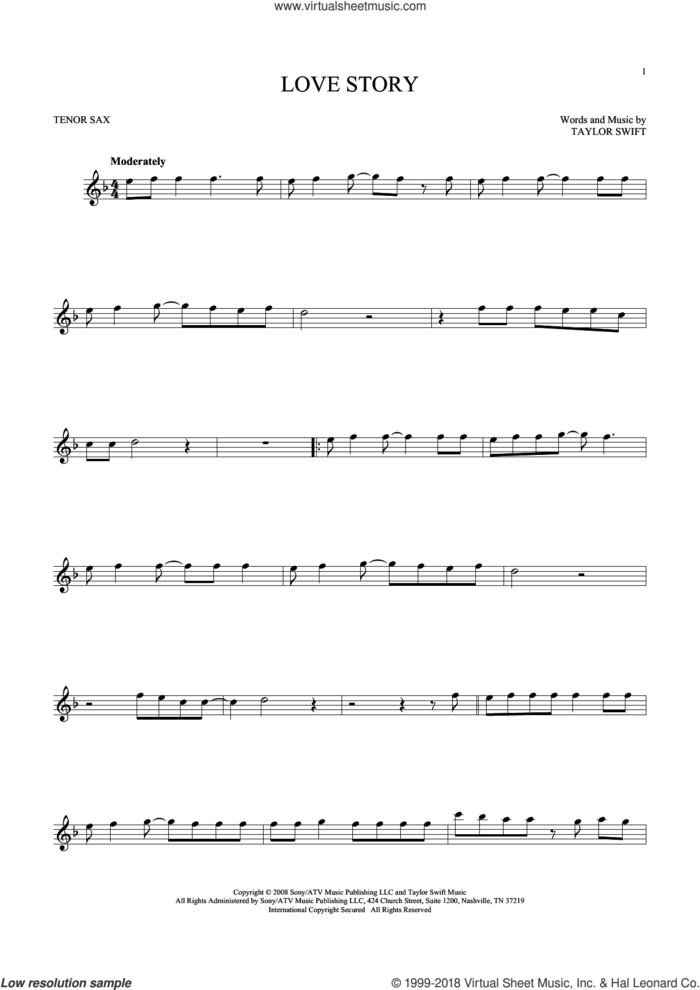Love Story sheet music for tenor saxophone solo by Taylor Swift, intermediate skill level