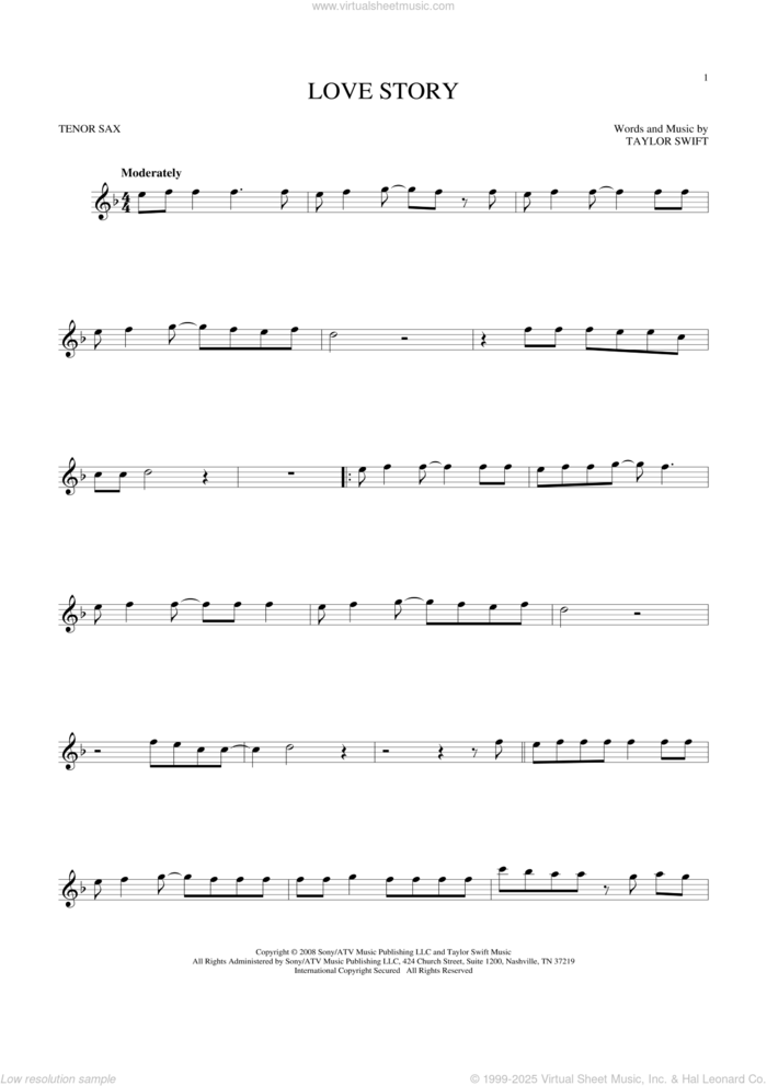 Love Story sheet music for tenor saxophone solo by Taylor Swift, intermediate skill level