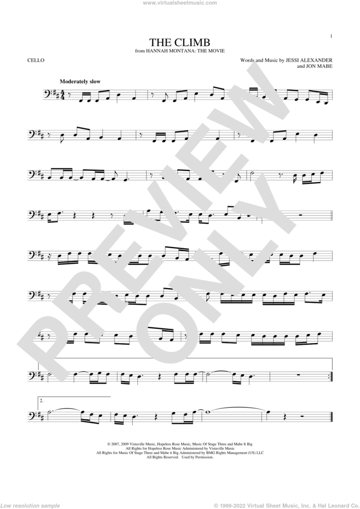 The Climb (from Hannah Montana: The Movie) sheet music for cello solo by Miley Cyrus, Jessi Alexander and Jon Mabe, intermediate skill level
