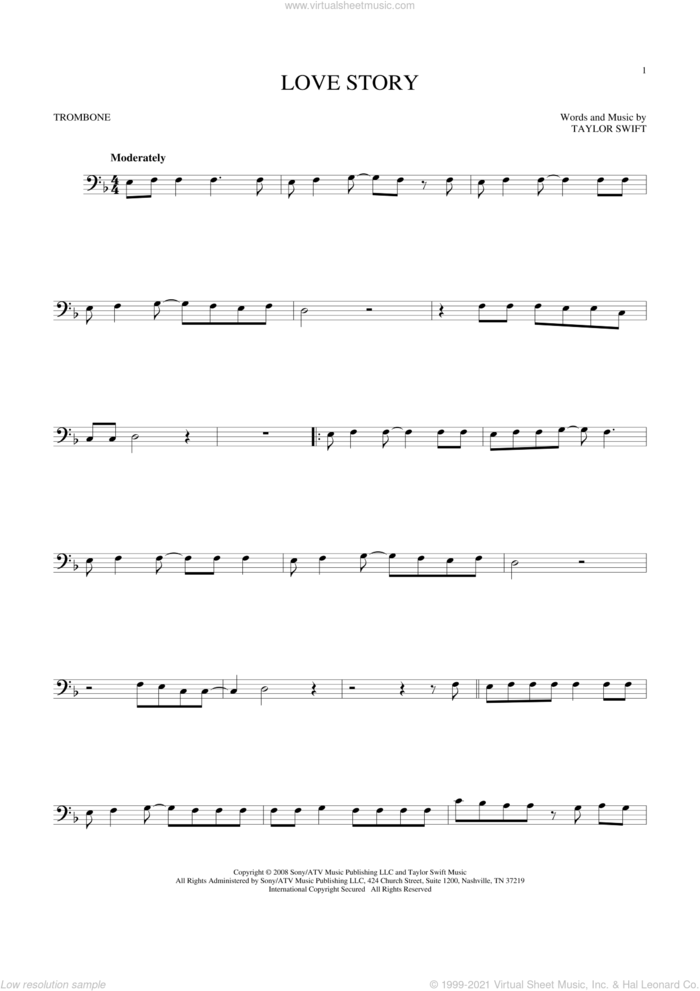 Love Story sheet music for trombone solo by Taylor Swift, intermediate skill level