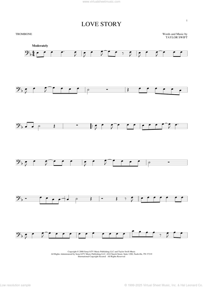 Love Story sheet music for trombone solo by Taylor Swift, intermediate skill level