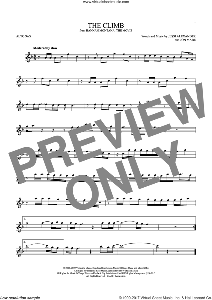 The Climb (from Hannah Montana: The Movie) sheet music for alto saxophone solo by Miley Cyrus, Jessi Alexander and Jon Mabe, intermediate skill level