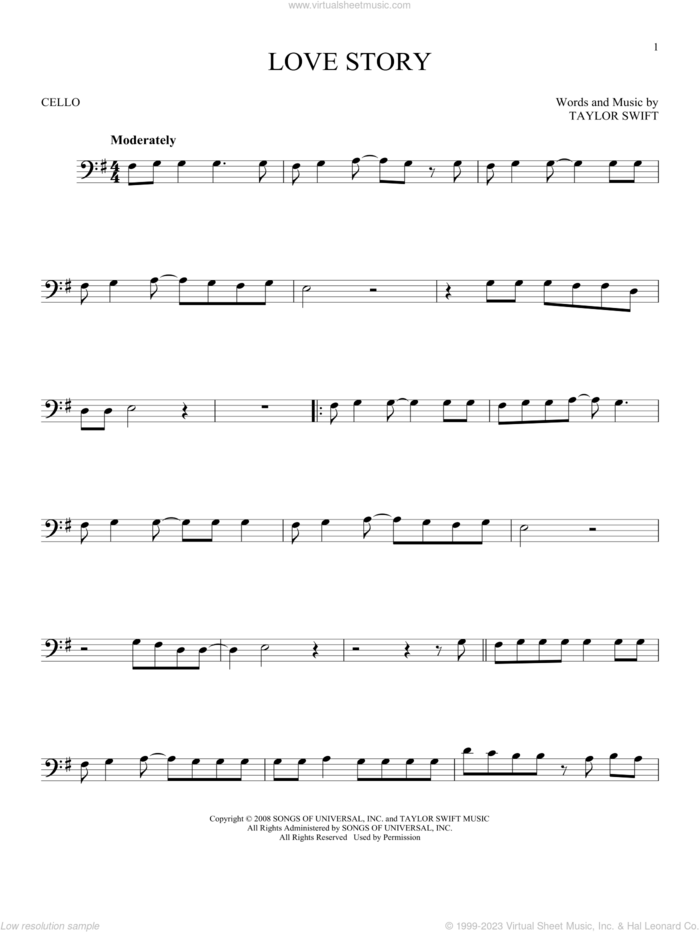 Love Story sheet music for cello solo by Taylor Swift, intermediate skill level