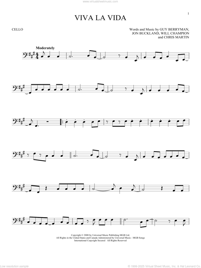 Viva La Vida sheet music for cello solo by Coldplay, Chris Martin, Guy Berryman, Jon Buckland and Will Champion, intermediate skill level