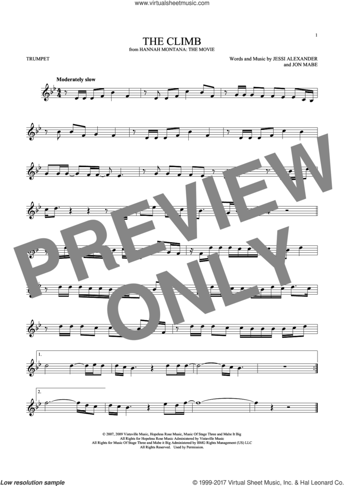 The Climb (from Hannah Montana: The Movie) sheet music for trumpet solo by Miley Cyrus, Jessi Alexander and Jon Mabe, intermediate skill level
