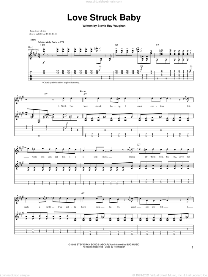 Love Struck Baby sheet music for guitar (tablature) by Stevie Ray Vaughan, intermediate skill level