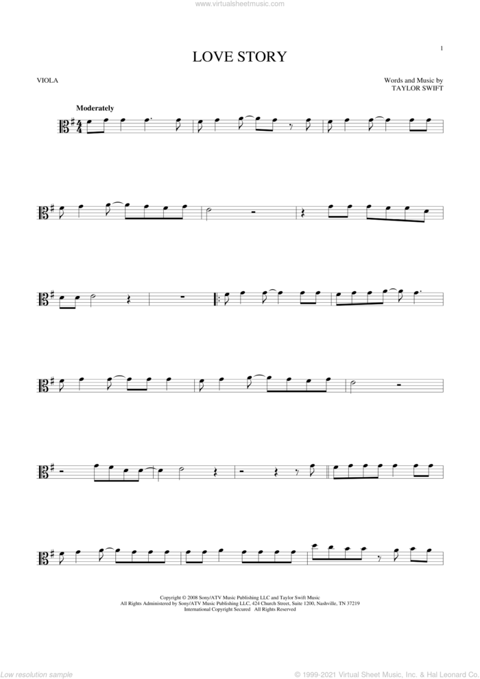 Love Story sheet music for viola solo by Taylor Swift, intermediate skill level
