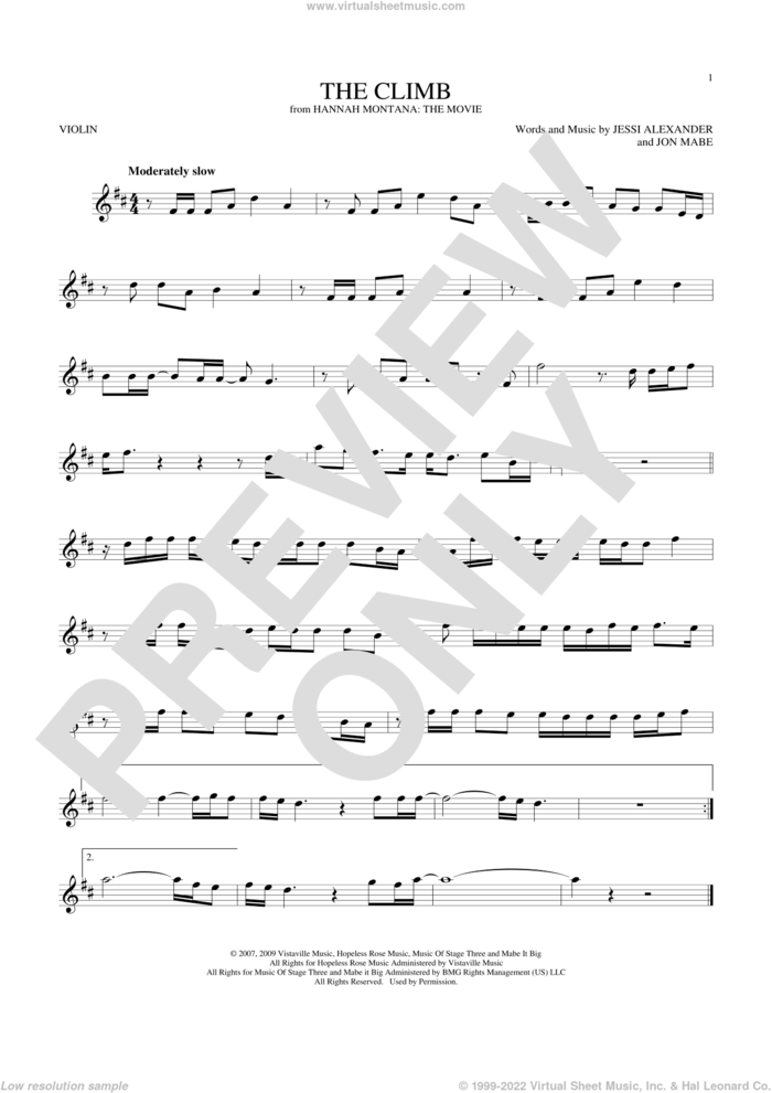 The Climb (from Hannah Montana: The Movie) sheet music for violin solo by Miley Cyrus, Jessi Alexander and Jon Mabe, intermediate skill level