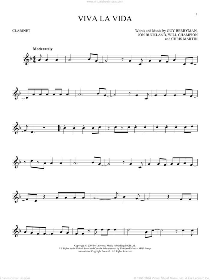 Viva La Vida sheet music for clarinet solo by Coldplay, Chris Martin, Guy Berryman, Jon Buckland and Will Champion, intermediate skill level