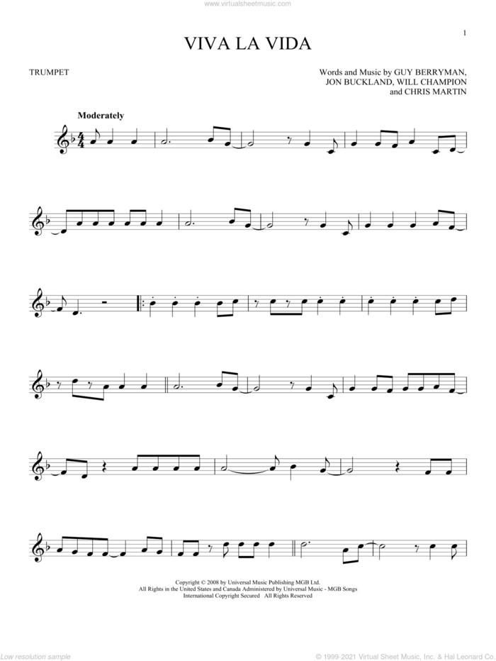 Viva La Vida sheet music for trumpet solo by Coldplay, Chris Martin, Guy Berryman, Jon Buckland and Will Champion, intermediate skill level