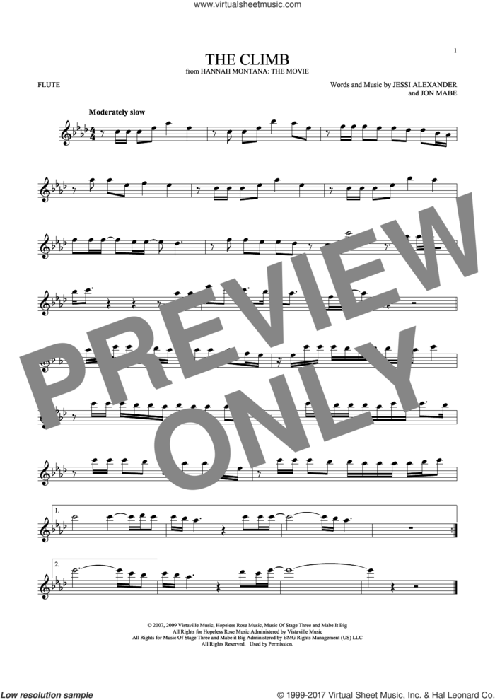 The Climb (from Hannah Montana: The Movie) sheet music for flute solo by Miley Cyrus, Jessi Alexander and Jon Mabe, intermediate skill level