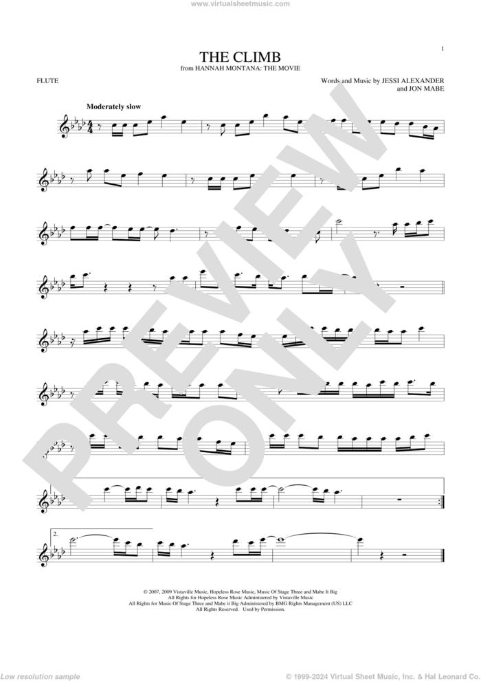 The Climb (from Hannah Montana: The Movie) sheet music for flute solo by Miley Cyrus, Jessi Alexander and Jon Mabe, intermediate skill level