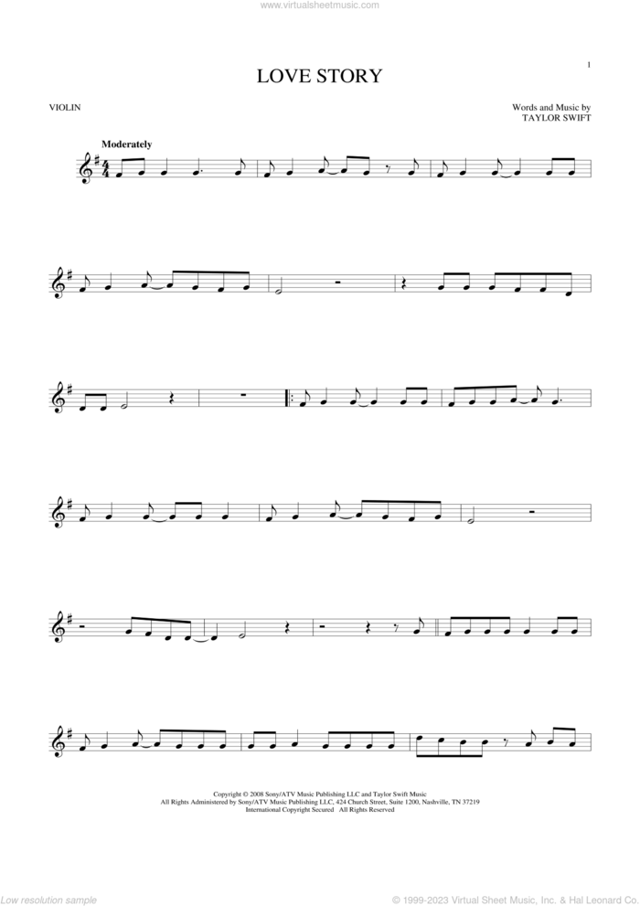 Love Story sheet music for violin solo by Taylor Swift, intermediate skill level
