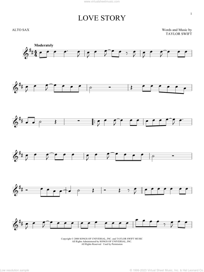 Love Story sheet music for alto saxophone solo by Taylor Swift, intermediate skill level
