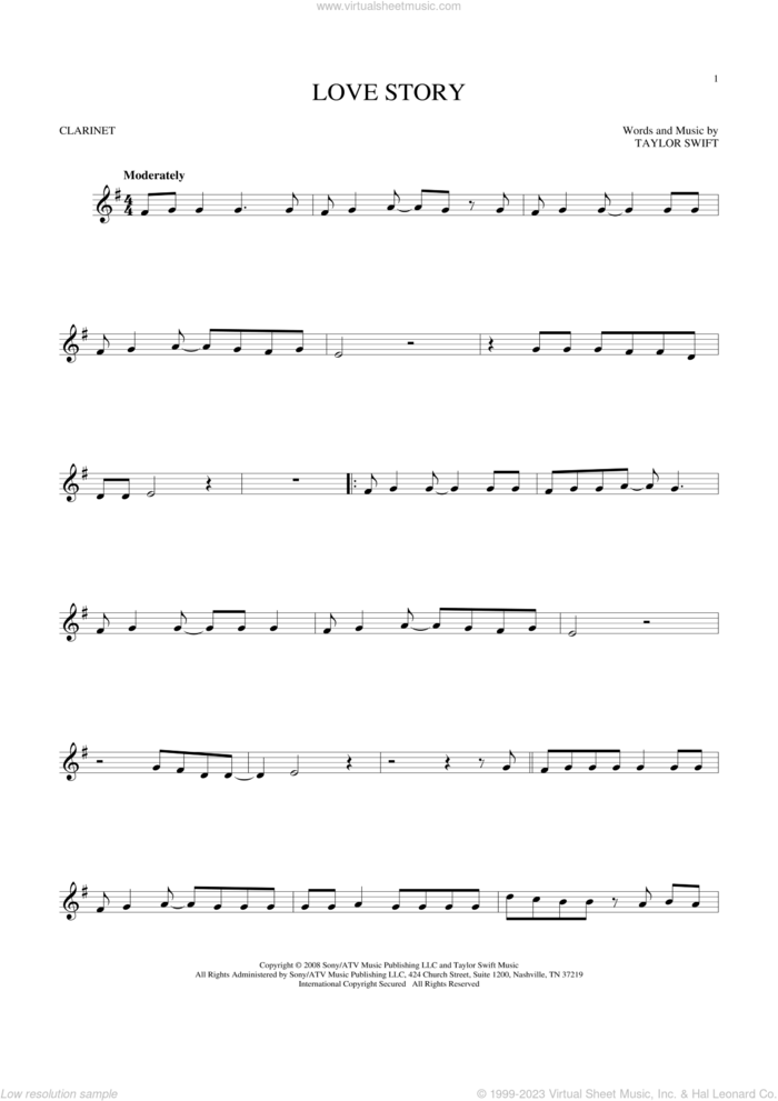 Love Story sheet music for clarinet solo by Taylor Swift, intermediate skill level
