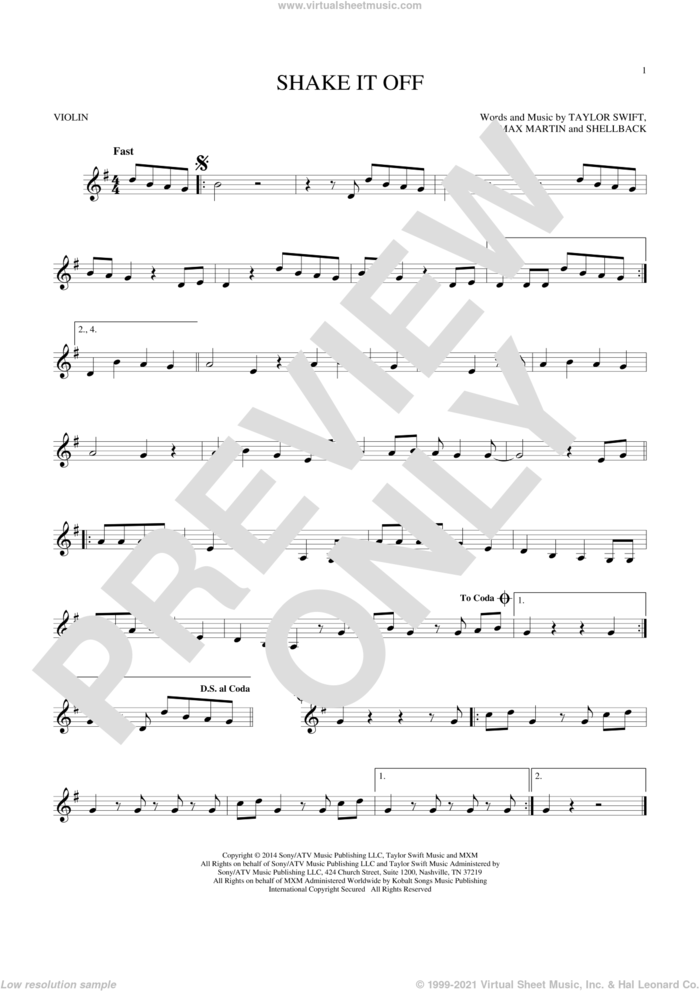 Shake It Off sheet music for violin solo by Taylor Swift, Johan Schuster, Max Martin and Shellback, intermediate skill level
