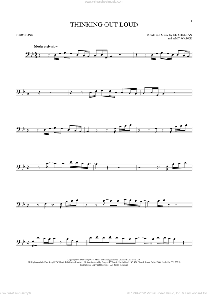 Thinking Out Loud sheet music for trombone solo by Ed Sheeran and Amy Wadge, wedding score, intermediate skill level