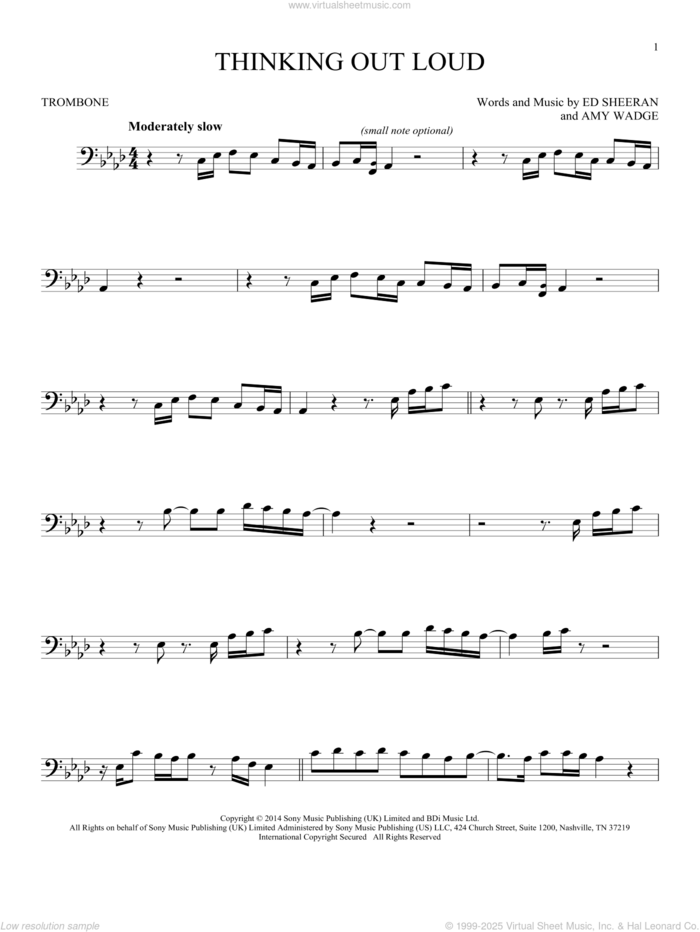 Thinking Out Loud sheet music for trombone solo by Ed Sheeran and Amy Wadge, wedding score, intermediate skill level