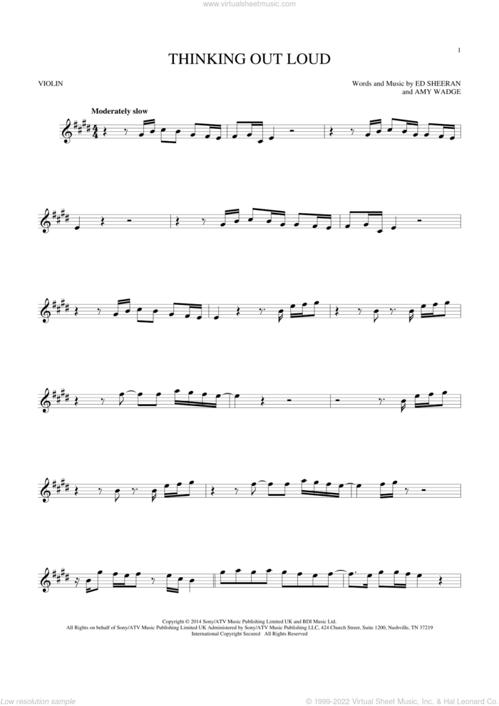 Thinking Out Loud sheet music for violin solo by Ed Sheeran and Amy Wadge, wedding score, intermediate skill level