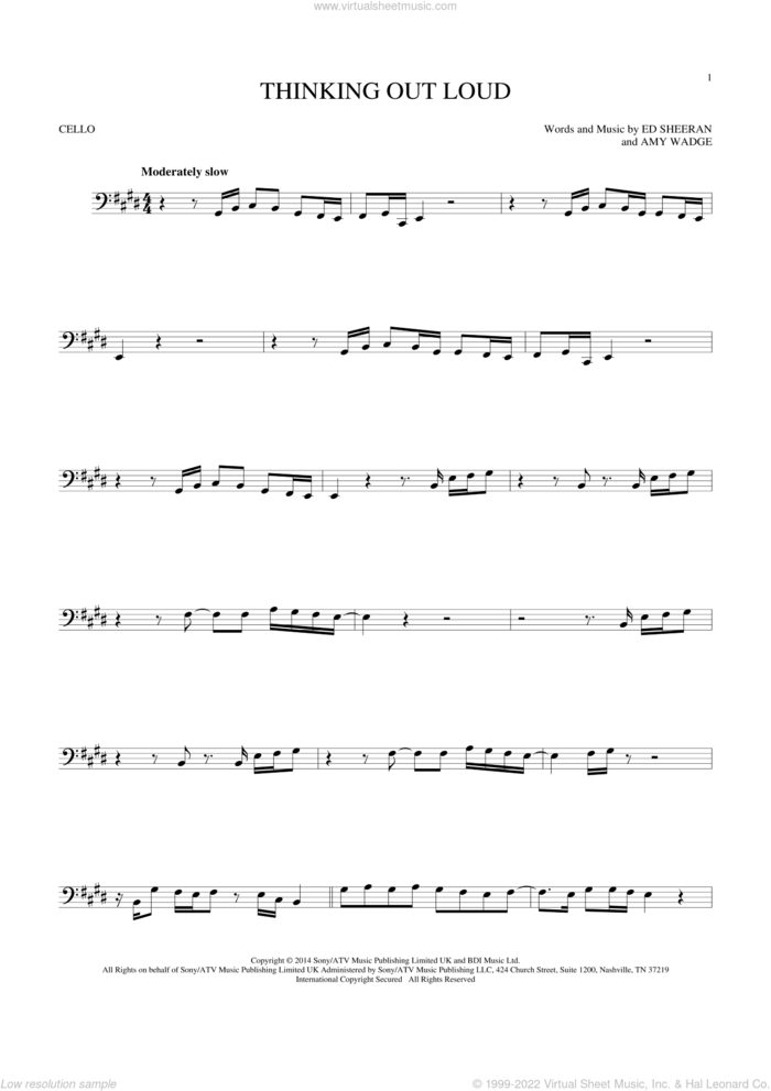 Thinking Out Loud sheet music for cello solo by Ed Sheeran and Amy Wadge, wedding score, intermediate skill level