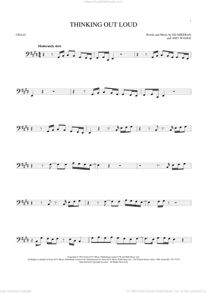 Thinking Out Loud sheet music for cello solo by Ed Sheeran and Amy Wadge, wedding score, intermediate skill level