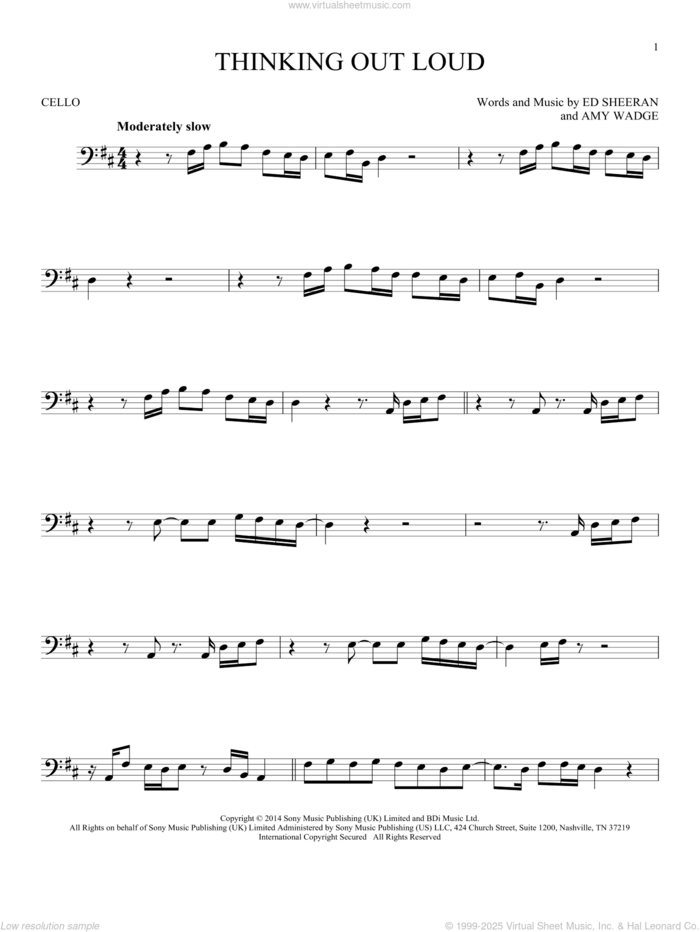 Thinking Out Loud sheet music for cello solo by Ed Sheeran and Amy Wadge, wedding score, intermediate skill level