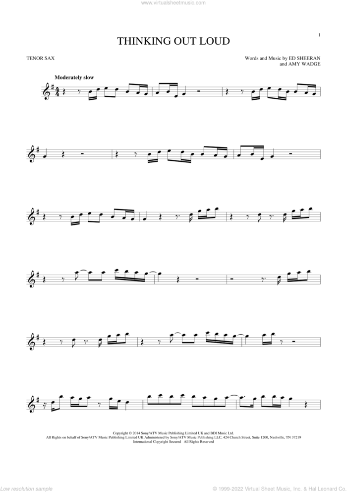 Thinking Out Loud sheet music for tenor saxophone solo by Ed Sheeran and Amy Wadge, wedding score, intermediate skill level