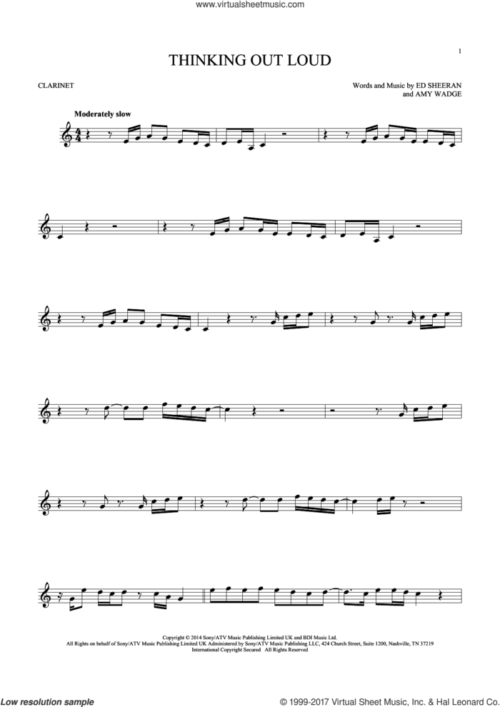 Thinking Out Loud sheet music for clarinet solo by Ed Sheeran and Amy Wadge, wedding score, intermediate skill level