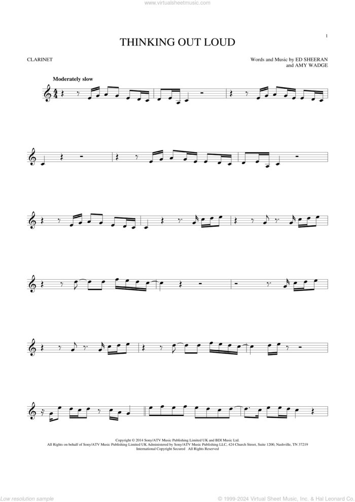 Thinking Out Loud sheet music for clarinet solo by Ed Sheeran and Amy Wadge, wedding score, intermediate skill level