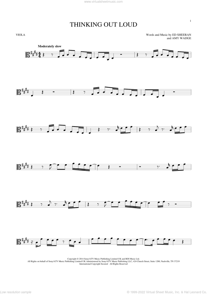 Thinking Out Loud sheet music for viola solo by Ed Sheeran and Amy Wadge, wedding score, intermediate skill level