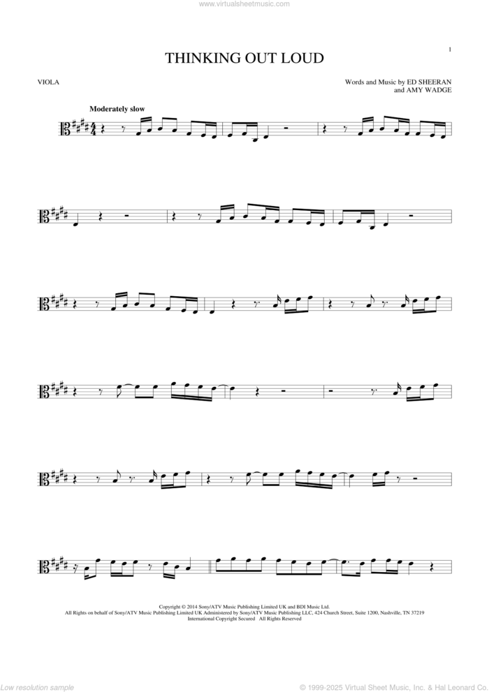 Thinking Out Loud sheet music for viola solo by Ed Sheeran and Amy Wadge, wedding score, intermediate skill level